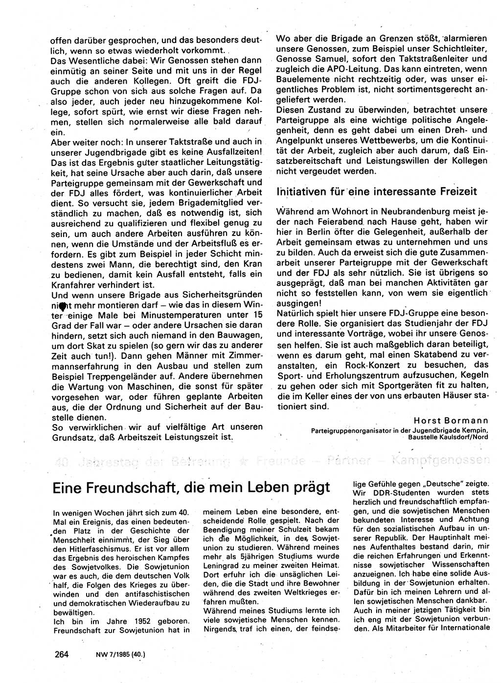 Neuer Weg (NW), Organ des Zentralkomitees (ZK) der SED (Sozialistische Einheitspartei Deutschlands) für Fragen des Parteilebens, 40. Jahrgang [Deutsche Demokratische Republik (DDR)] 1985, Seite 264 (NW ZK SED DDR 1985, S. 264)
