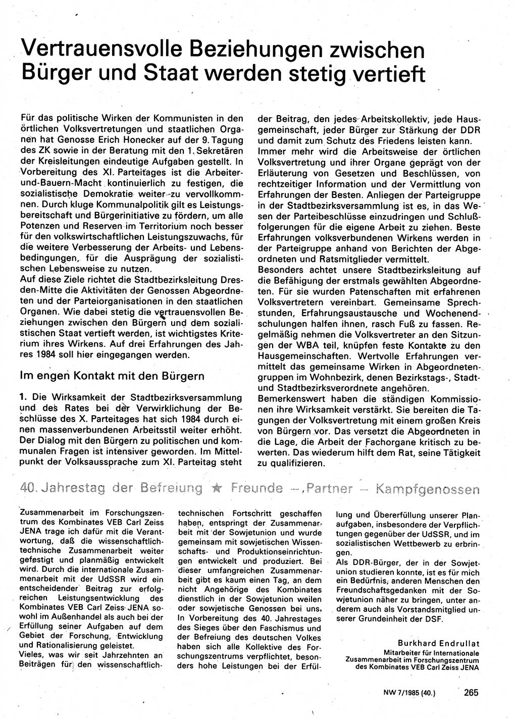 Neuer Weg (NW), Organ des Zentralkomitees (ZK) der SED (Sozialistische Einheitspartei Deutschlands) für Fragen des Parteilebens, 40. Jahrgang [Deutsche Demokratische Republik (DDR)] 1985, Seite 265 (NW ZK SED DDR 1985, S. 265)
