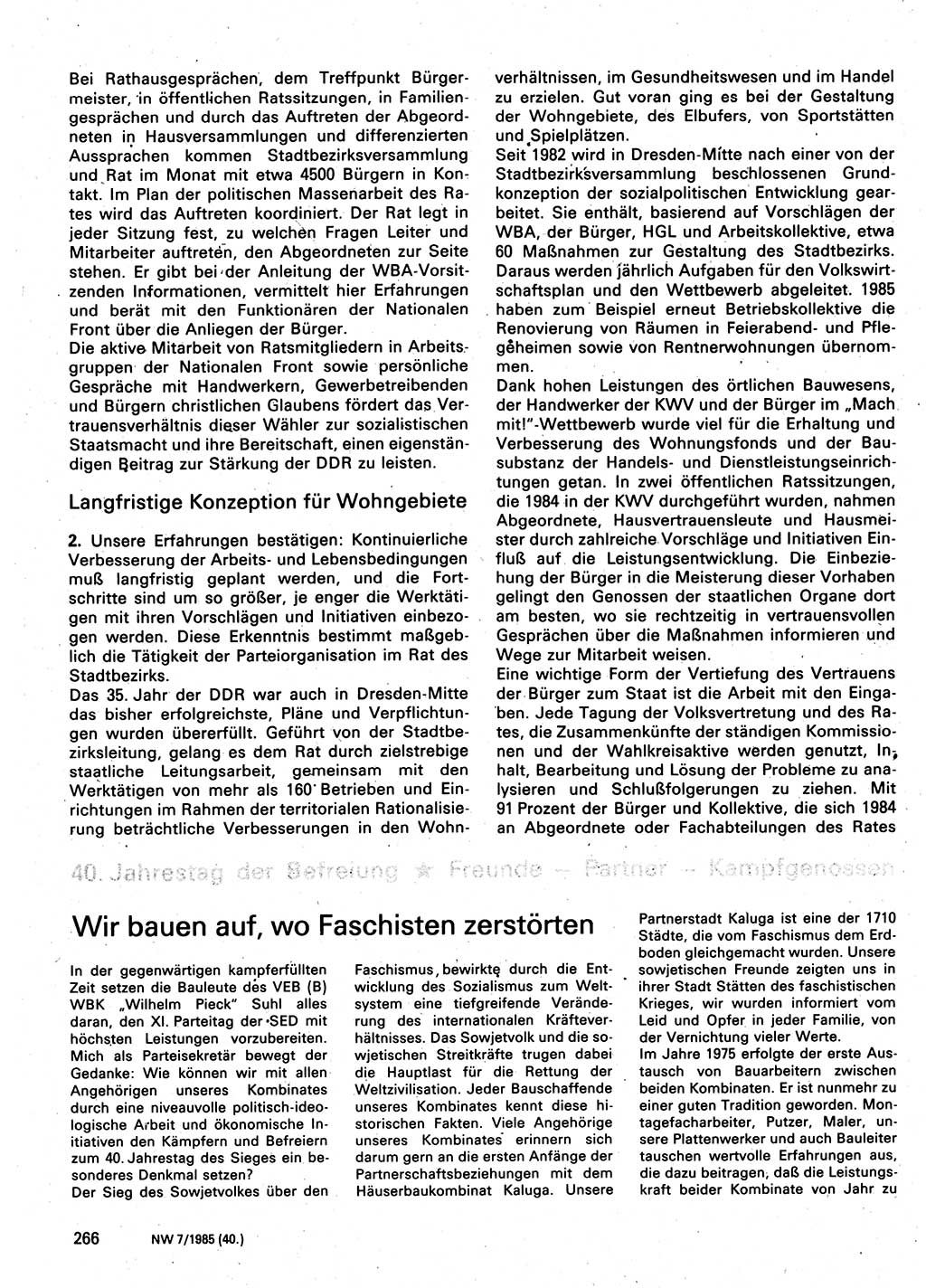 Neuer Weg (NW), Organ des Zentralkomitees (ZK) der SED (Sozialistische Einheitspartei Deutschlands) für Fragen des Parteilebens, 40. Jahrgang [Deutsche Demokratische Republik (DDR)] 1985, Seite 266 (NW ZK SED DDR 1985, S. 266)