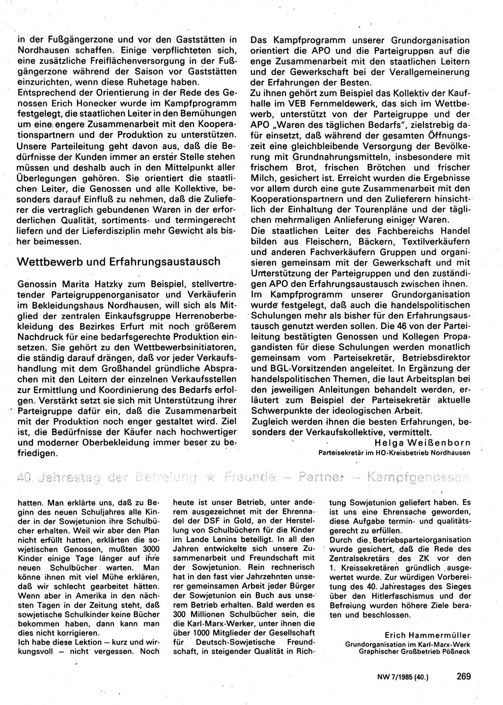 Neuer Weg (NW), Organ des Zentralkomitees (ZK) der SED (Sozialistische Einheitspartei Deutschlands) für Fragen des Parteilebens, 40. Jahrgang [Deutsche Demokratische Republik (DDR)] 1985, Seite 269 (NW ZK SED DDR 1985, S. 269)