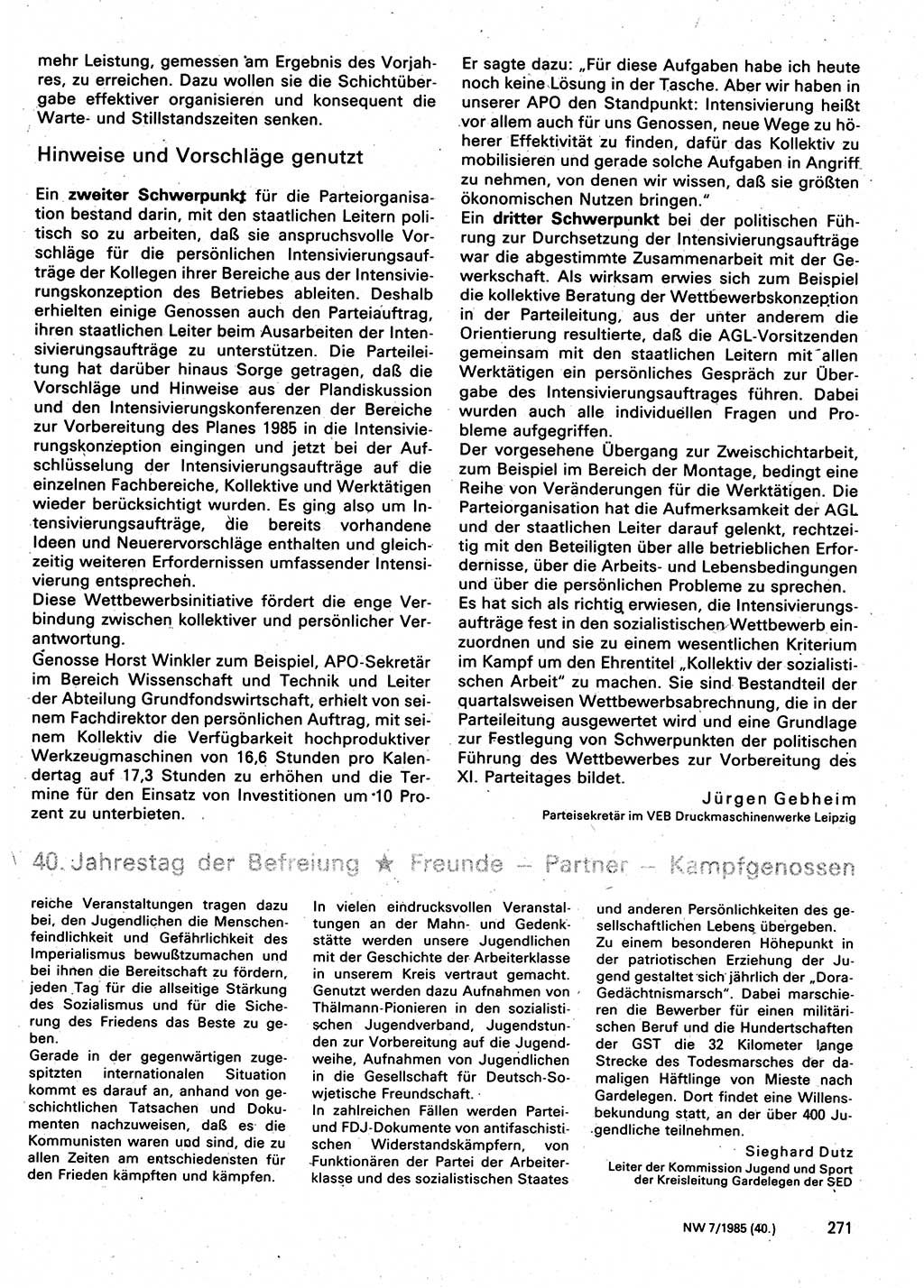 Neuer Weg (NW), Organ des Zentralkomitees (ZK) der SED (Sozialistische Einheitspartei Deutschlands) für Fragen des Parteilebens, 40. Jahrgang [Deutsche Demokratische Republik (DDR)] 1985, Seite 271 (NW ZK SED DDR 1985, S. 271)