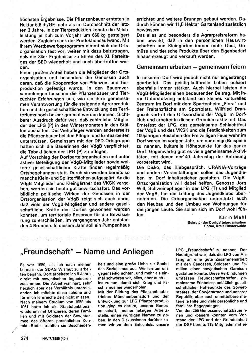 Neuer Weg (NW), Organ des Zentralkomitees (ZK) der SED (Sozialistische Einheitspartei Deutschlands) für Fragen des Parteilebens, 40. Jahrgang [Deutsche Demokratische Republik (DDR)] 1985, Seite 274 (NW ZK SED DDR 1985, S. 274)