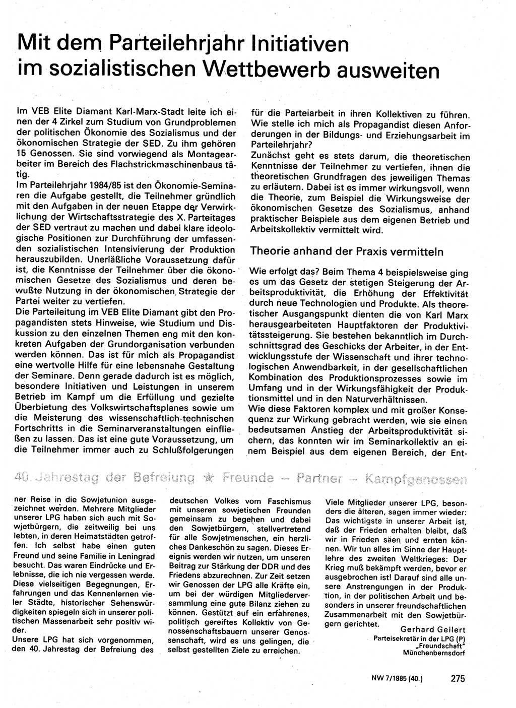 Neuer Weg (NW), Organ des Zentralkomitees (ZK) der SED (Sozialistische Einheitspartei Deutschlands) für Fragen des Parteilebens, 40. Jahrgang [Deutsche Demokratische Republik (DDR)] 1985, Seite 275 (NW ZK SED DDR 1985, S. 275)