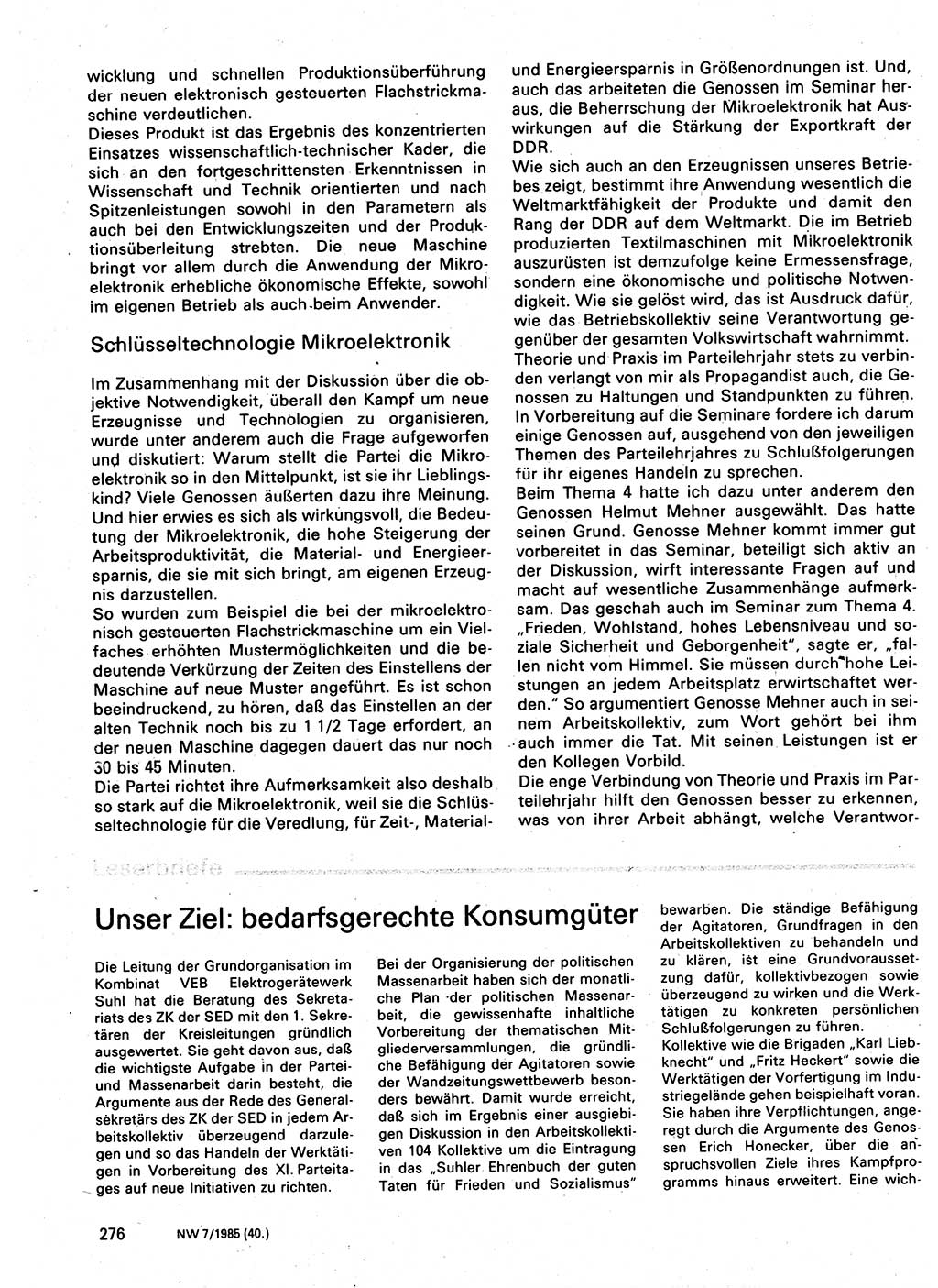 Neuer Weg (NW), Organ des Zentralkomitees (ZK) der SED (Sozialistische Einheitspartei Deutschlands) für Fragen des Parteilebens, 40. Jahrgang [Deutsche Demokratische Republik (DDR)] 1985, Seite 276 (NW ZK SED DDR 1985, S. 276)