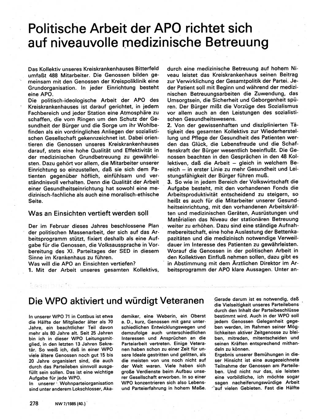 Neuer Weg (NW), Organ des Zentralkomitees (ZK) der SED (Sozialistische Einheitspartei Deutschlands) für Fragen des Parteilebens, 40. Jahrgang [Deutsche Demokratische Republik (DDR)] 1985, Seite 278 (NW ZK SED DDR 1985, S. 278)