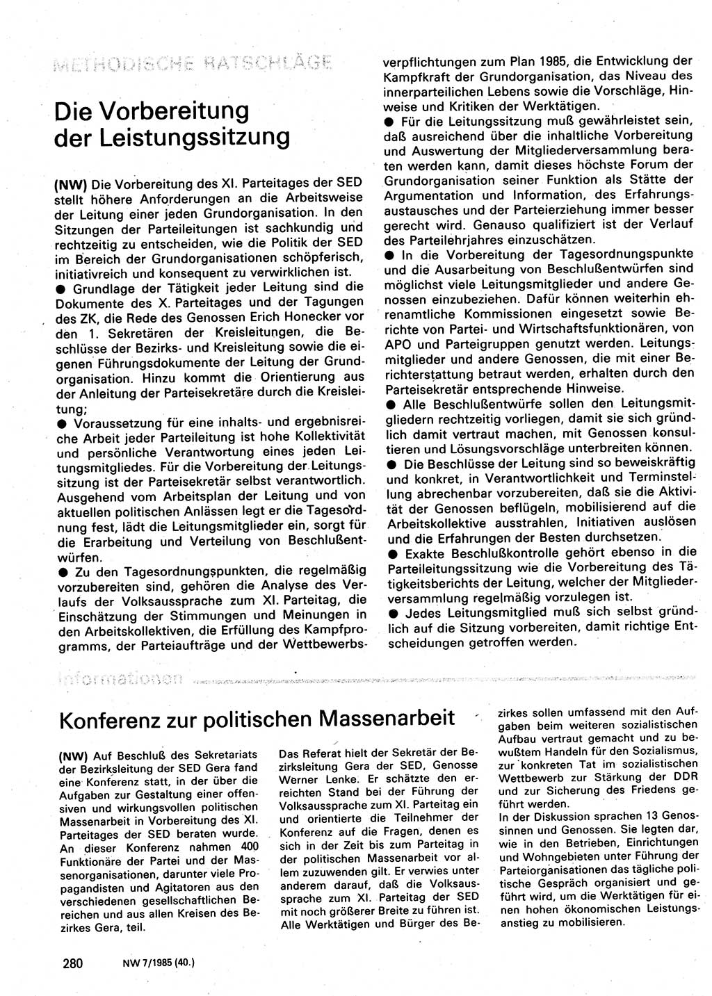 Neuer Weg (NW), Organ des Zentralkomitees (ZK) der SED (Sozialistische Einheitspartei Deutschlands) für Fragen des Parteilebens, 40. Jahrgang [Deutsche Demokratische Republik (DDR)] 1985, Seite 280 (NW ZK SED DDR 1985, S. 280)