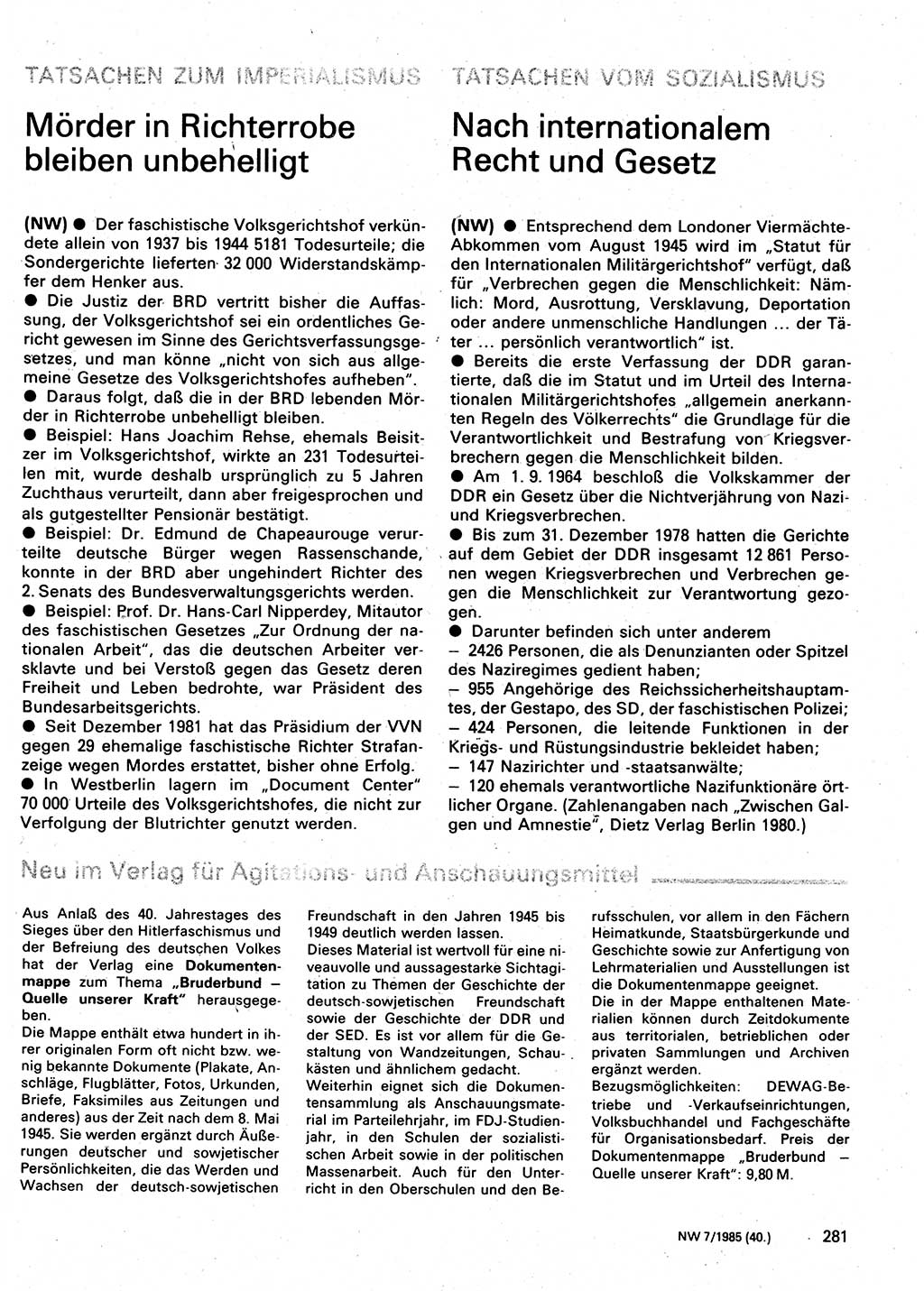 Neuer Weg (NW), Organ des Zentralkomitees (ZK) der SED (Sozialistische Einheitspartei Deutschlands) für Fragen des Parteilebens, 40. Jahrgang [Deutsche Demokratische Republik (DDR)] 1985, Seite 281 (NW ZK SED DDR 1985, S. 281)