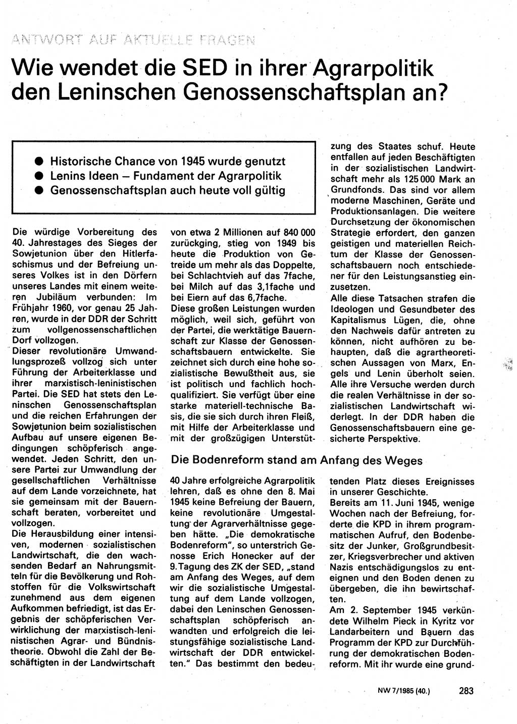 Neuer Weg (NW), Organ des Zentralkomitees (ZK) der SED (Sozialistische Einheitspartei Deutschlands) für Fragen des Parteilebens, 40. Jahrgang [Deutsche Demokratische Republik (DDR)] 1985, Seite 283 (NW ZK SED DDR 1985, S. 283)