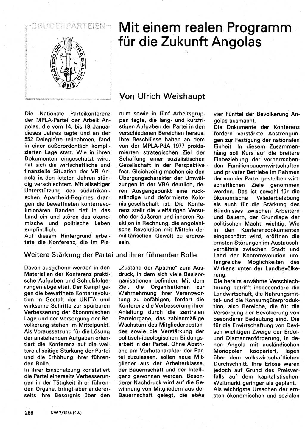 Neuer Weg (NW), Organ des Zentralkomitees (ZK) der SED (Sozialistische Einheitspartei Deutschlands) für Fragen des Parteilebens, 40. Jahrgang [Deutsche Demokratische Republik (DDR)] 1985, Seite 286 (NW ZK SED DDR 1985, S. 286)