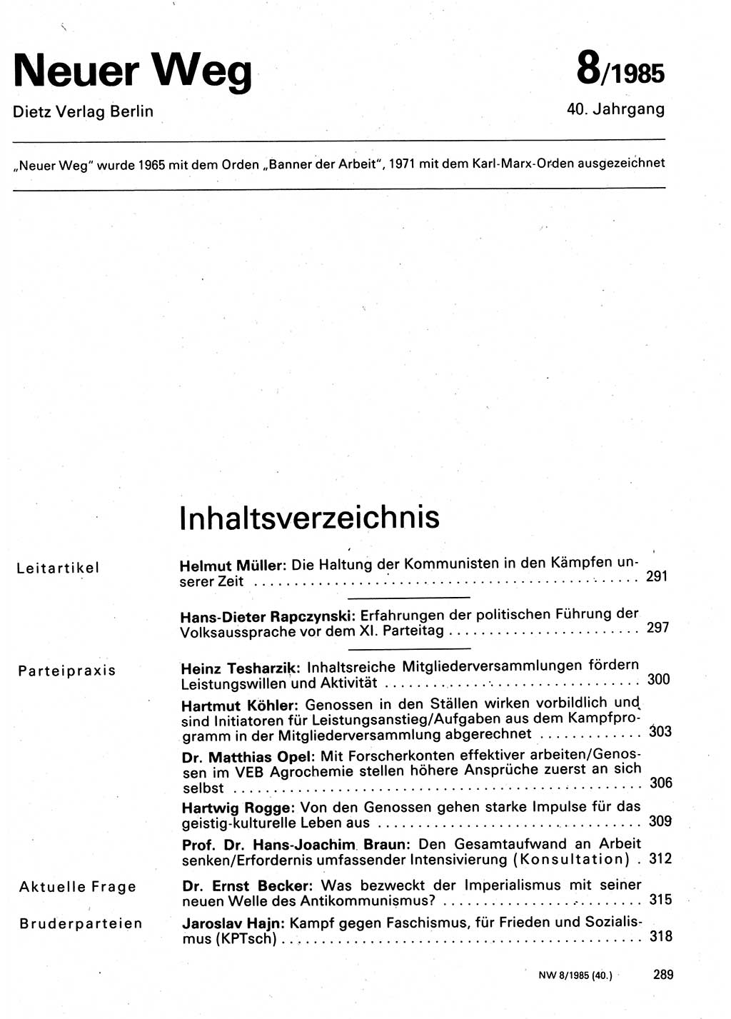 Neuer Weg (NW), Organ des Zentralkomitees (ZK) der SED (Sozialistische Einheitspartei Deutschlands) für Fragen des Parteilebens, 40. Jahrgang [Deutsche Demokratische Republik (DDR)] 1985, Seite 289 (NW ZK SED DDR 1985, S. 289)