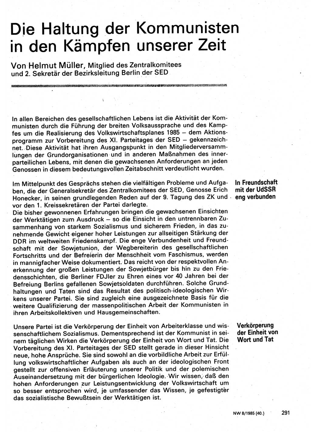 Neuer Weg (NW), Organ des Zentralkomitees (ZK) der SED (Sozialistische Einheitspartei Deutschlands) für Fragen des Parteilebens, 40. Jahrgang [Deutsche Demokratische Republik (DDR)] 1985, Seite 291 (NW ZK SED DDR 1985, S. 291)