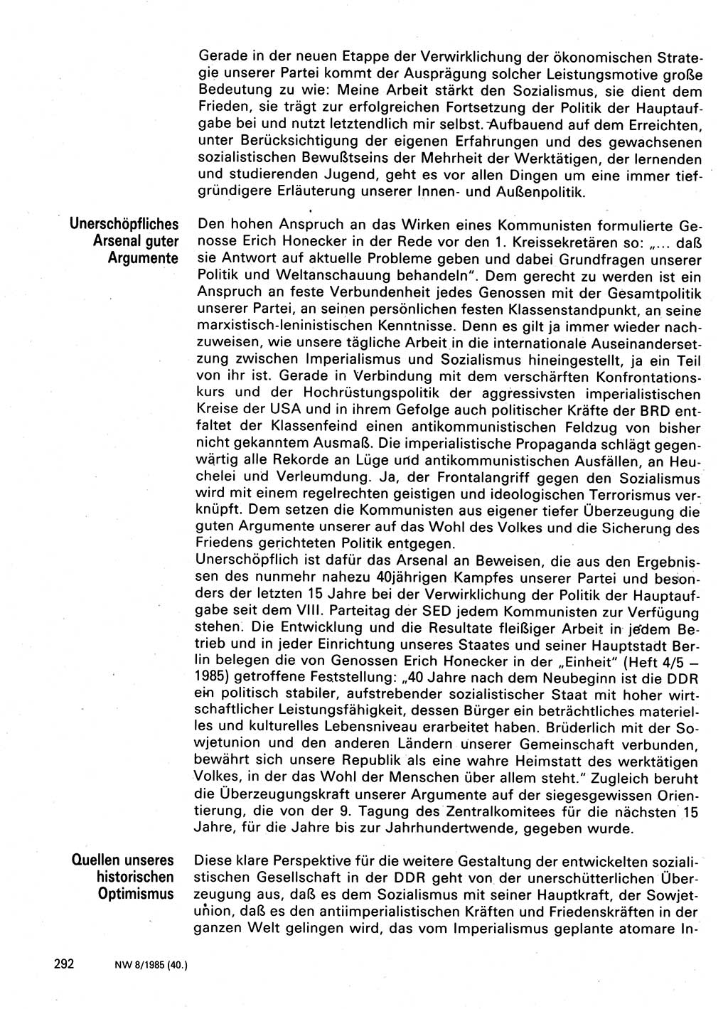 Neuer Weg (NW), Organ des Zentralkomitees (ZK) der SED (Sozialistische Einheitspartei Deutschlands) für Fragen des Parteilebens, 40. Jahrgang [Deutsche Demokratische Republik (DDR)] 1985, Seite 292 (NW ZK SED DDR 1985, S. 292)