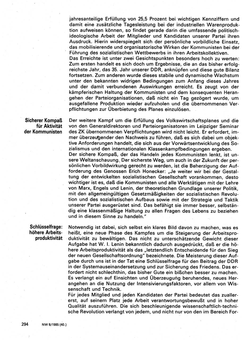 Neuer Weg (NW), Organ des Zentralkomitees (ZK) der SED (Sozialistische Einheitspartei Deutschlands) für Fragen des Parteilebens, 40. Jahrgang [Deutsche Demokratische Republik (DDR)] 1985, Seite 294 (NW ZK SED DDR 1985, S. 294)
