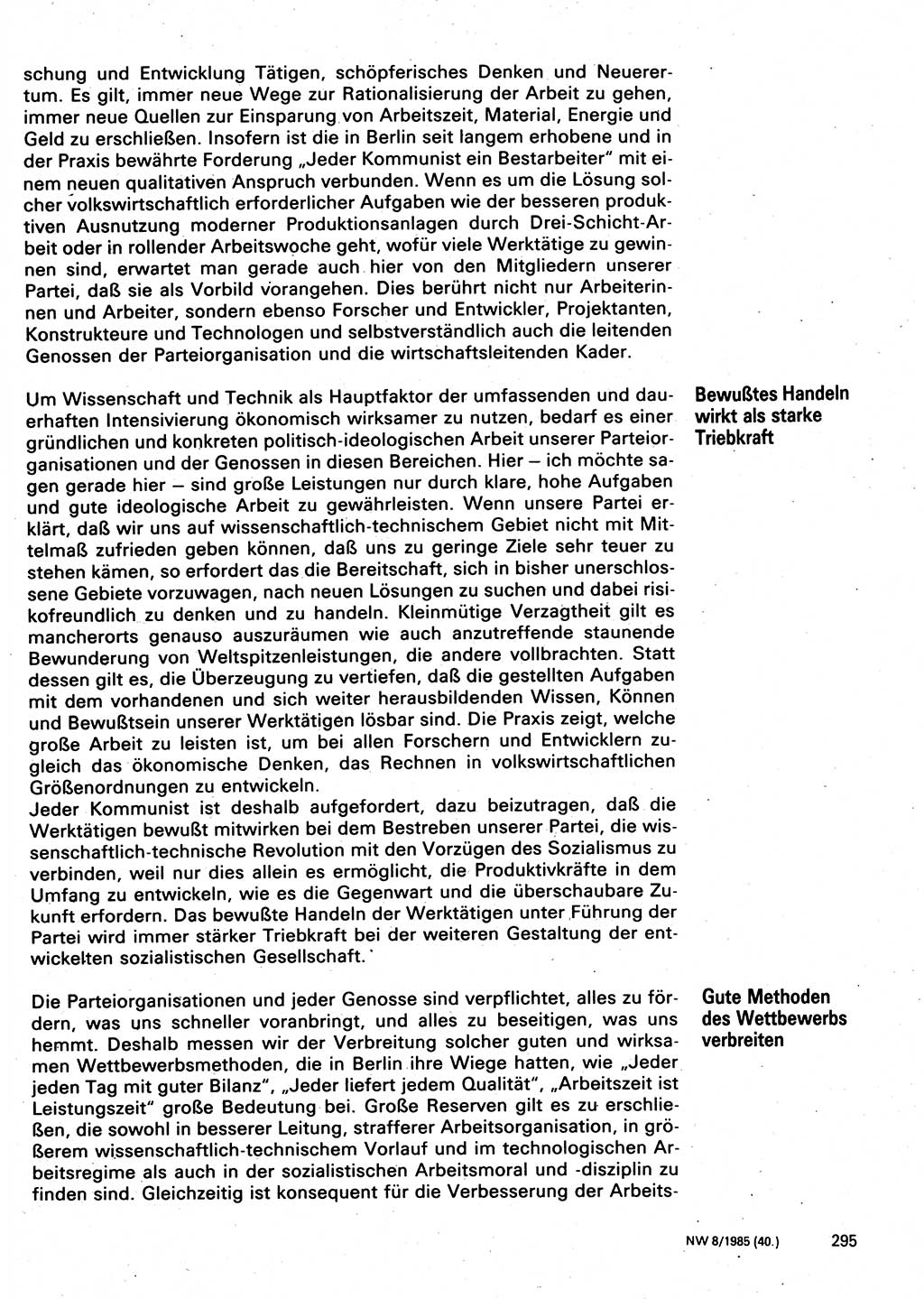 Neuer Weg (NW), Organ des Zentralkomitees (ZK) der SED (Sozialistische Einheitspartei Deutschlands) für Fragen des Parteilebens, 40. Jahrgang [Deutsche Demokratische Republik (DDR)] 1985, Seite 295 (NW ZK SED DDR 1985, S. 295)