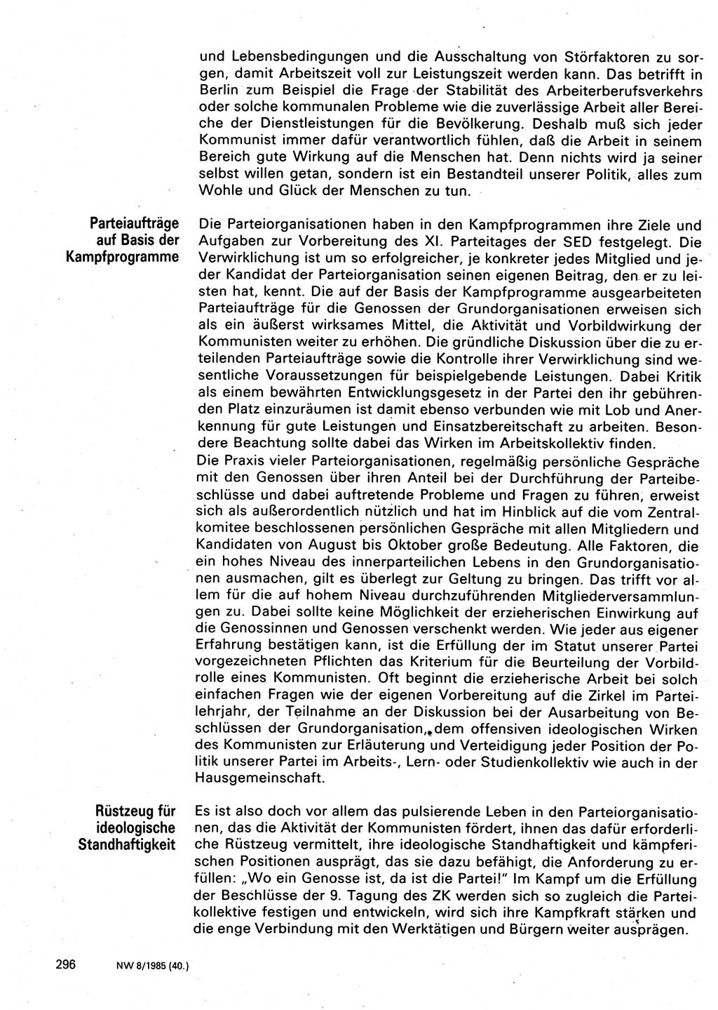 Neuer Weg (NW), Organ des Zentralkomitees (ZK) der SED (Sozialistische Einheitspartei Deutschlands) für Fragen des Parteilebens, 40. Jahrgang [Deutsche Demokratische Republik (DDR)] 1985, Seite 296 (NW ZK SED DDR 1985, S. 296)