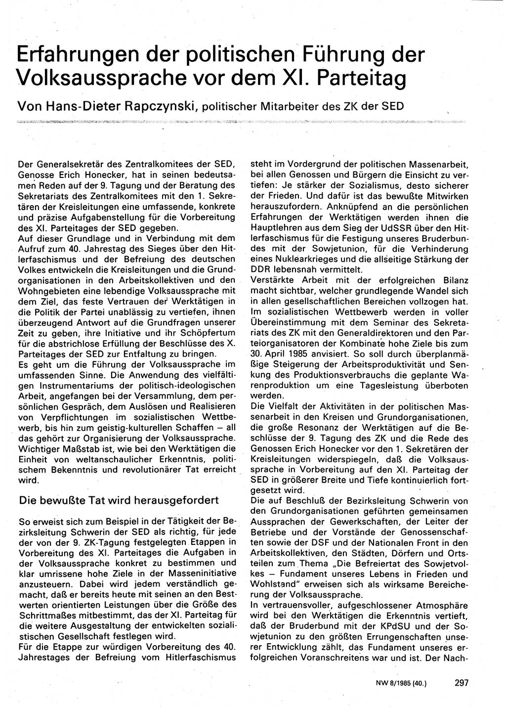 Neuer Weg (NW), Organ des Zentralkomitees (ZK) der SED (Sozialistische Einheitspartei Deutschlands) für Fragen des Parteilebens, 40. Jahrgang [Deutsche Demokratische Republik (DDR)] 1985, Seite 297 (NW ZK SED DDR 1985, S. 297)