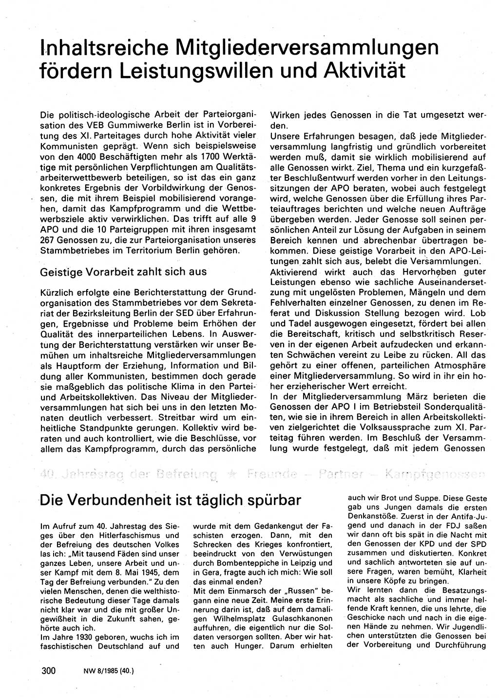 Neuer Weg (NW), Organ des Zentralkomitees (ZK) der SED (Sozialistische Einheitspartei Deutschlands) für Fragen des Parteilebens, 40. Jahrgang [Deutsche Demokratische Republik (DDR)] 1985, Seite 300 (NW ZK SED DDR 1985, S. 300)