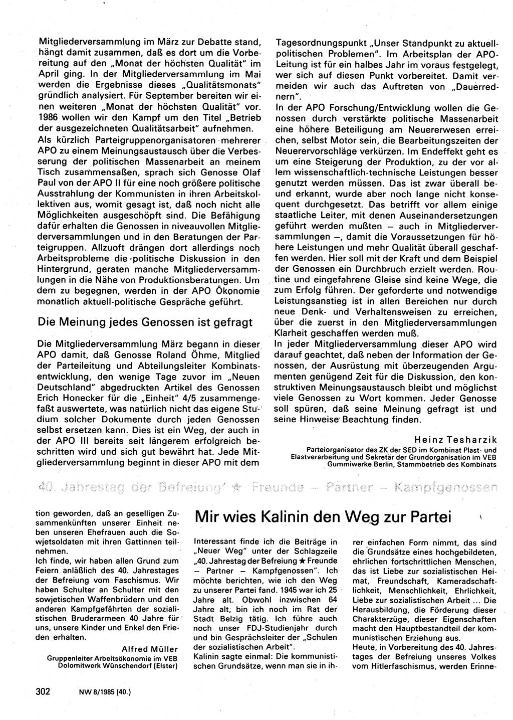 Neuer Weg (NW), Organ des Zentralkomitees (ZK) der SED (Sozialistische Einheitspartei Deutschlands) für Fragen des Parteilebens, 40. Jahrgang [Deutsche Demokratische Republik (DDR)] 1985, Seite 302 (NW ZK SED DDR 1985, S. 302)