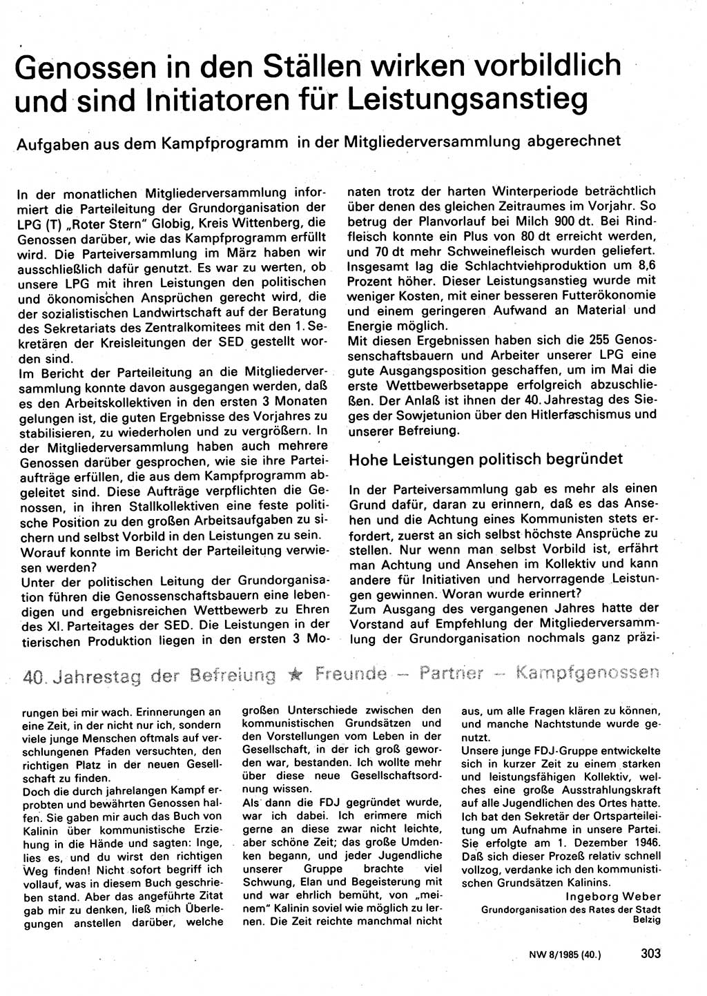 Neuer Weg (NW), Organ des Zentralkomitees (ZK) der SED (Sozialistische Einheitspartei Deutschlands) für Fragen des Parteilebens, 40. Jahrgang [Deutsche Demokratische Republik (DDR)] 1985, Seite 303 (NW ZK SED DDR 1985, S. 303)