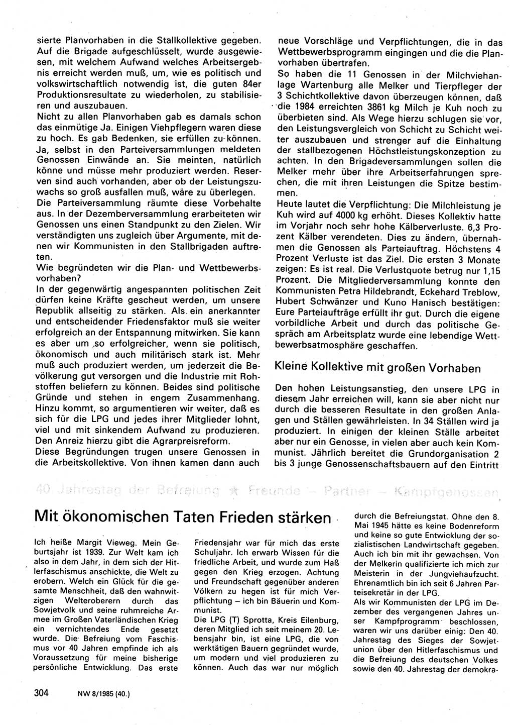 Neuer Weg (NW), Organ des Zentralkomitees (ZK) der SED (Sozialistische Einheitspartei Deutschlands) für Fragen des Parteilebens, 40. Jahrgang [Deutsche Demokratische Republik (DDR)] 1985, Seite 304 (NW ZK SED DDR 1985, S. 304)