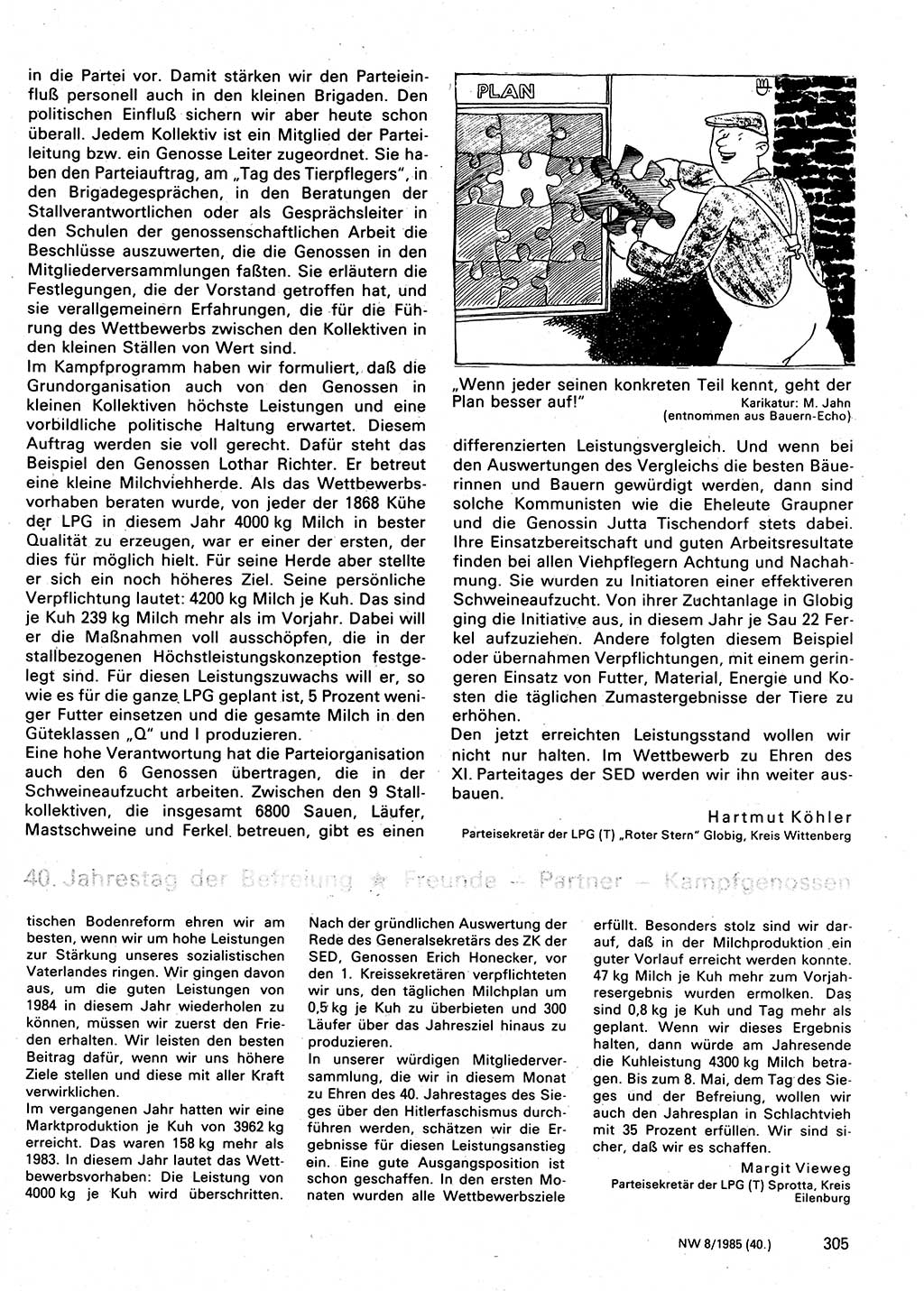 Neuer Weg (NW), Organ des Zentralkomitees (ZK) der SED (Sozialistische Einheitspartei Deutschlands) für Fragen des Parteilebens, 40. Jahrgang [Deutsche Demokratische Republik (DDR)] 1985, Seite 305 (NW ZK SED DDR 1985, S. 305)