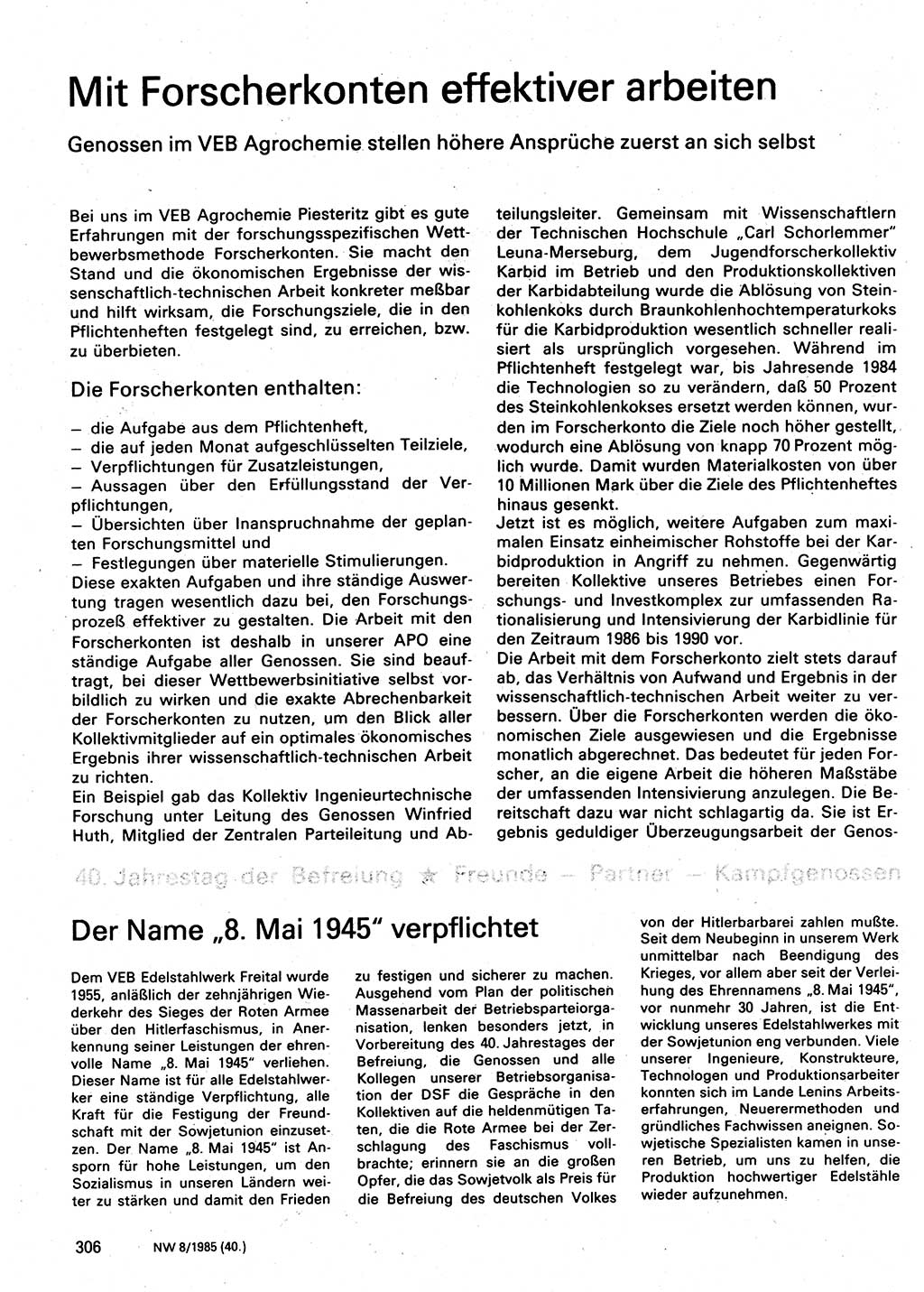 Neuer Weg (NW), Organ des Zentralkomitees (ZK) der SED (Sozialistische Einheitspartei Deutschlands) für Fragen des Parteilebens, 40. Jahrgang [Deutsche Demokratische Republik (DDR)] 1985, Seite 306 (NW ZK SED DDR 1985, S. 306)