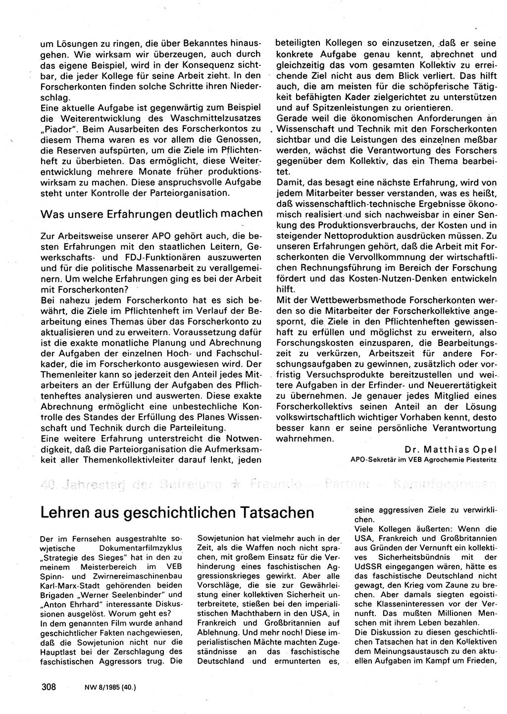 Neuer Weg (NW), Organ des Zentralkomitees (ZK) der SED (Sozialistische Einheitspartei Deutschlands) für Fragen des Parteilebens, 40. Jahrgang [Deutsche Demokratische Republik (DDR)] 1985, Seite 308 (NW ZK SED DDR 1985, S. 308)