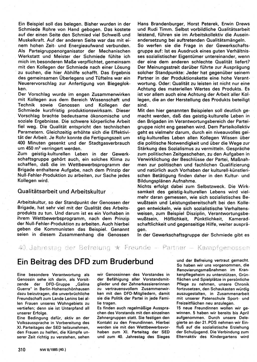 Neuer Weg (NW), Organ des Zentralkomitees (ZK) der SED (Sozialistische Einheitspartei Deutschlands) für Fragen des Parteilebens, 40. Jahrgang [Deutsche Demokratische Republik (DDR)] 1985, Seite 310 (NW ZK SED DDR 1985, S. 310)