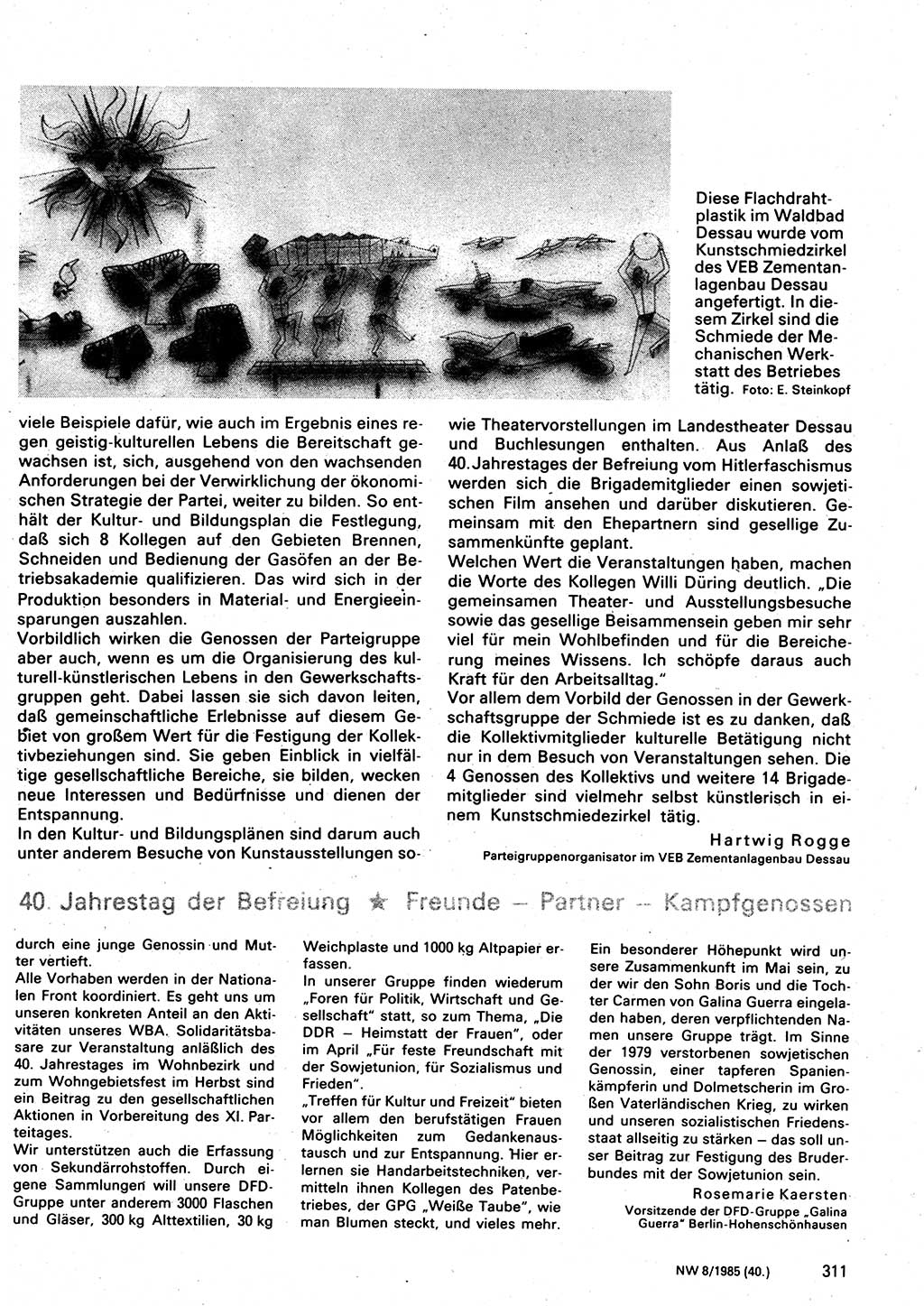 Neuer Weg (NW), Organ des Zentralkomitees (ZK) der SED (Sozialistische Einheitspartei Deutschlands) für Fragen des Parteilebens, 40. Jahrgang [Deutsche Demokratische Republik (DDR)] 1985, Seite 311 (NW ZK SED DDR 1985, S. 311)