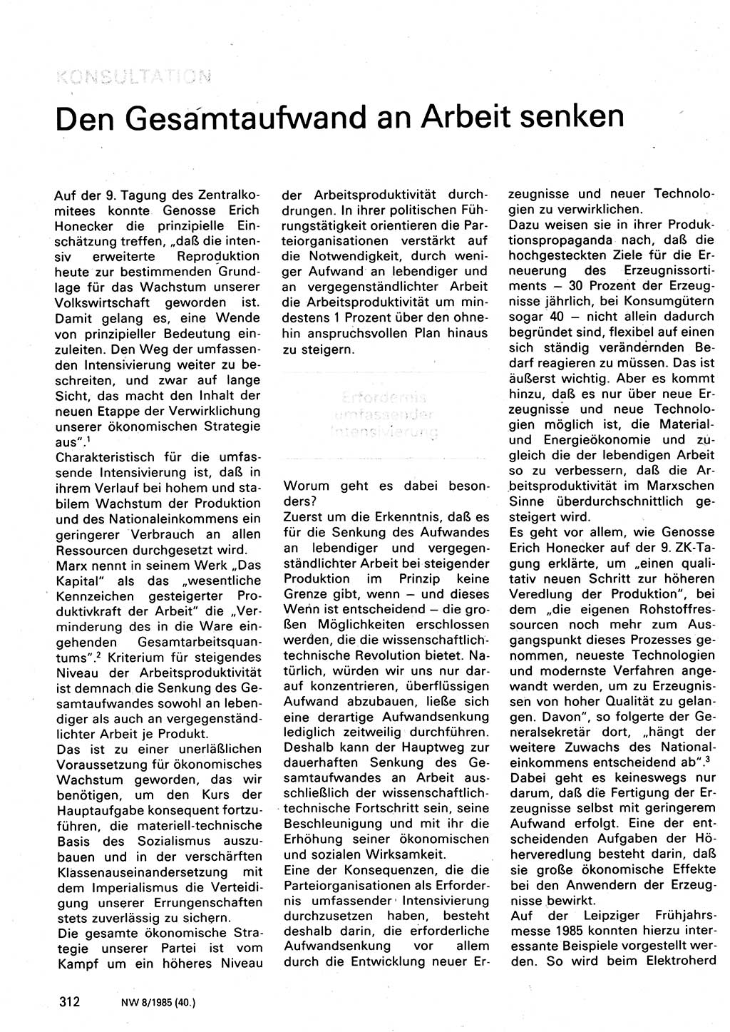 Neuer Weg (NW), Organ des Zentralkomitees (ZK) der SED (Sozialistische Einheitspartei Deutschlands) für Fragen des Parteilebens, 40. Jahrgang [Deutsche Demokratische Republik (DDR)] 1985, Seite 312 (NW ZK SED DDR 1985, S. 312)