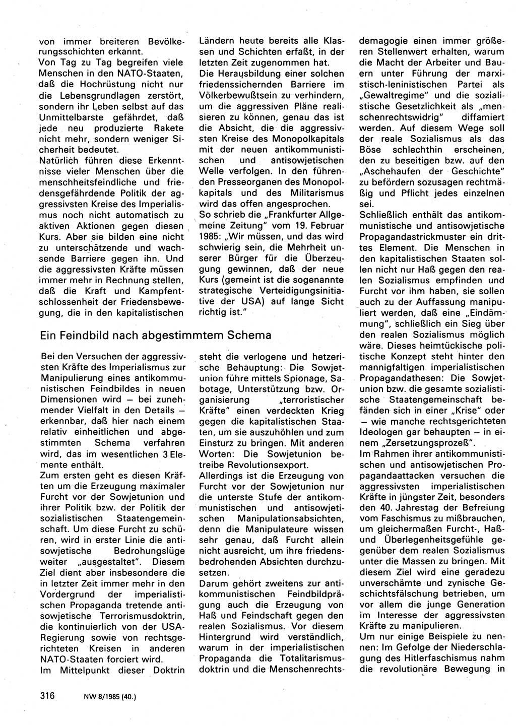 Neuer Weg (NW), Organ des Zentralkomitees (ZK) der SED (Sozialistische Einheitspartei Deutschlands) für Fragen des Parteilebens, 40. Jahrgang [Deutsche Demokratische Republik (DDR)] 1985, Seite 316 (NW ZK SED DDR 1985, S. 316)