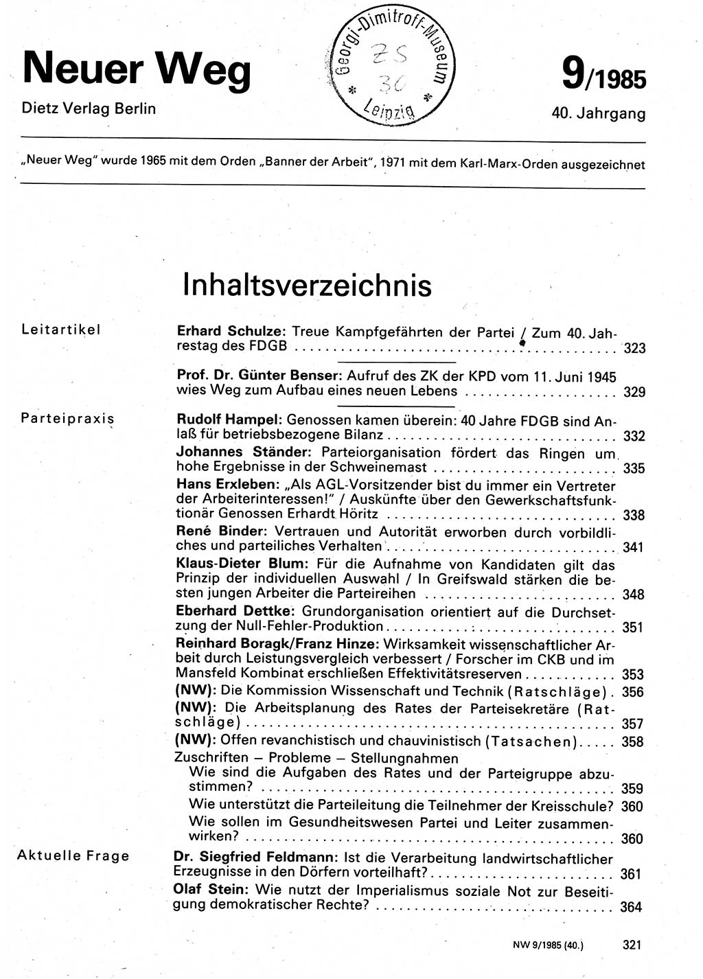 Neuer Weg (NW), Organ des Zentralkomitees (ZK) der SED (Sozialistische Einheitspartei Deutschlands) für Fragen des Parteilebens, 40. Jahrgang [Deutsche Demokratische Republik (DDR)] 1985, Seite 321 (NW ZK SED DDR 1985, S. 321)