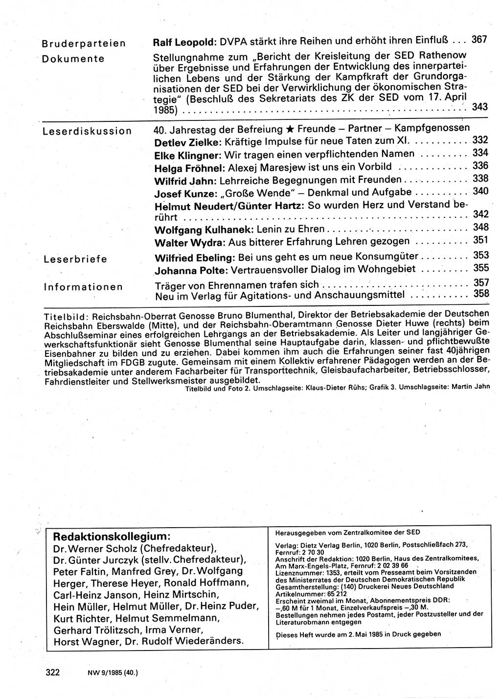 Neuer Weg (NW), Organ des Zentralkomitees (ZK) der SED (Sozialistische Einheitspartei Deutschlands) für Fragen des Parteilebens, 40. Jahrgang [Deutsche Demokratische Republik (DDR)] 1985, Seite 322 (NW ZK SED DDR 1985, S. 322)