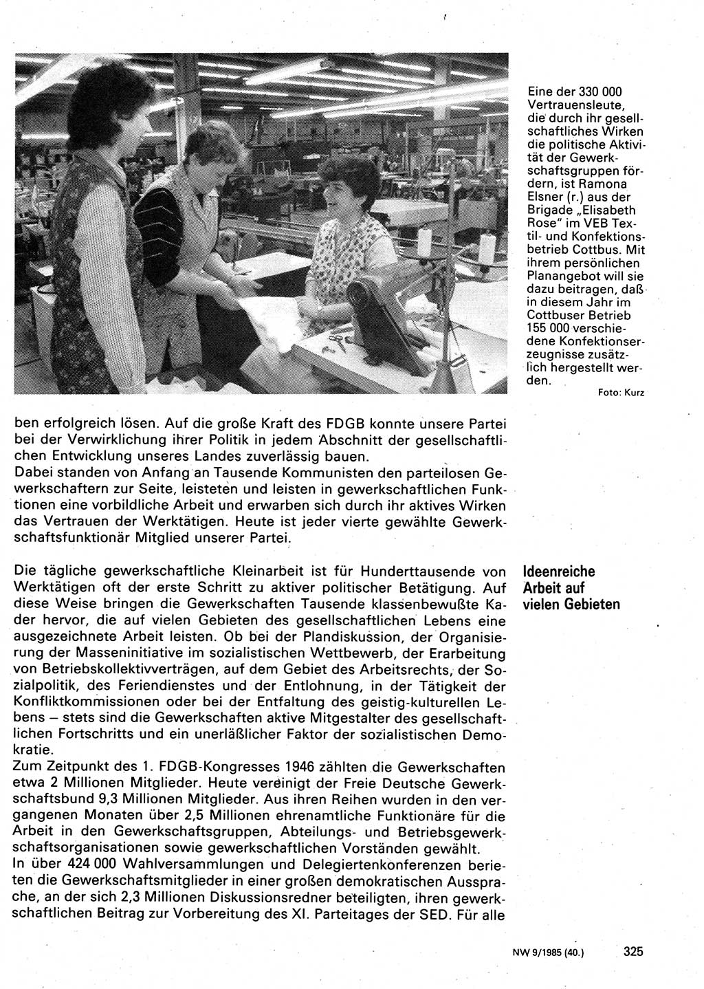 Neuer Weg (NW), Organ des Zentralkomitees (ZK) der SED (Sozialistische Einheitspartei Deutschlands) für Fragen des Parteilebens, 40. Jahrgang [Deutsche Demokratische Republik (DDR)] 1985, Seite 325 (NW ZK SED DDR 1985, S. 325)