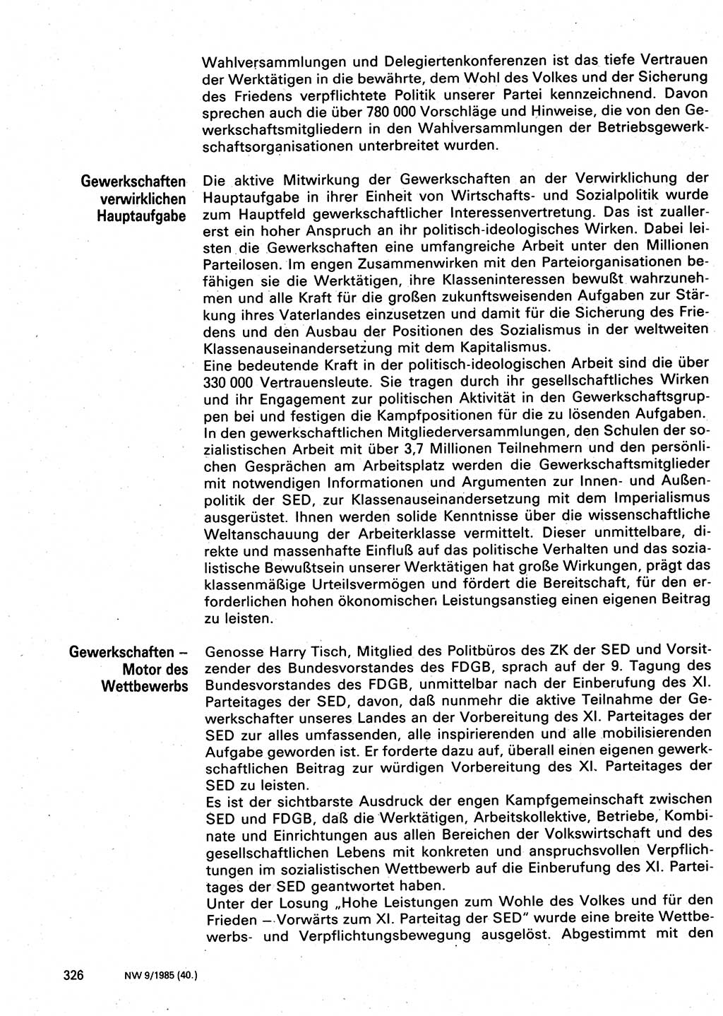 Neuer Weg (NW), Organ des Zentralkomitees (ZK) der SED (Sozialistische Einheitspartei Deutschlands) für Fragen des Parteilebens, 40. Jahrgang [Deutsche Demokratische Republik (DDR)] 1985, Seite 326 (NW ZK SED DDR 1985, S. 326)