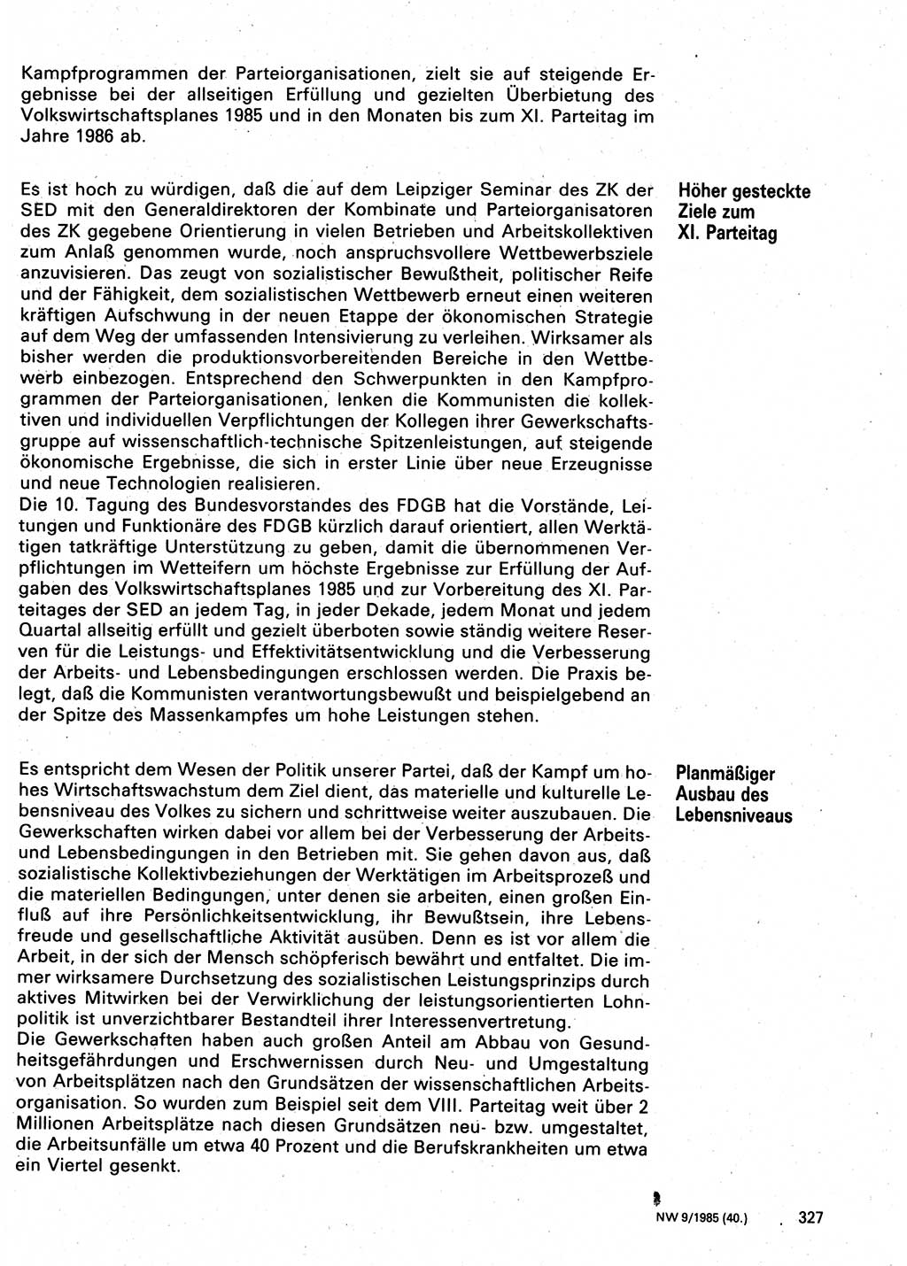 Neuer Weg (NW), Organ des Zentralkomitees (ZK) der SED (Sozialistische Einheitspartei Deutschlands) für Fragen des Parteilebens, 40. Jahrgang [Deutsche Demokratische Republik (DDR)] 1985, Seite 327 (NW ZK SED DDR 1985, S. 327)