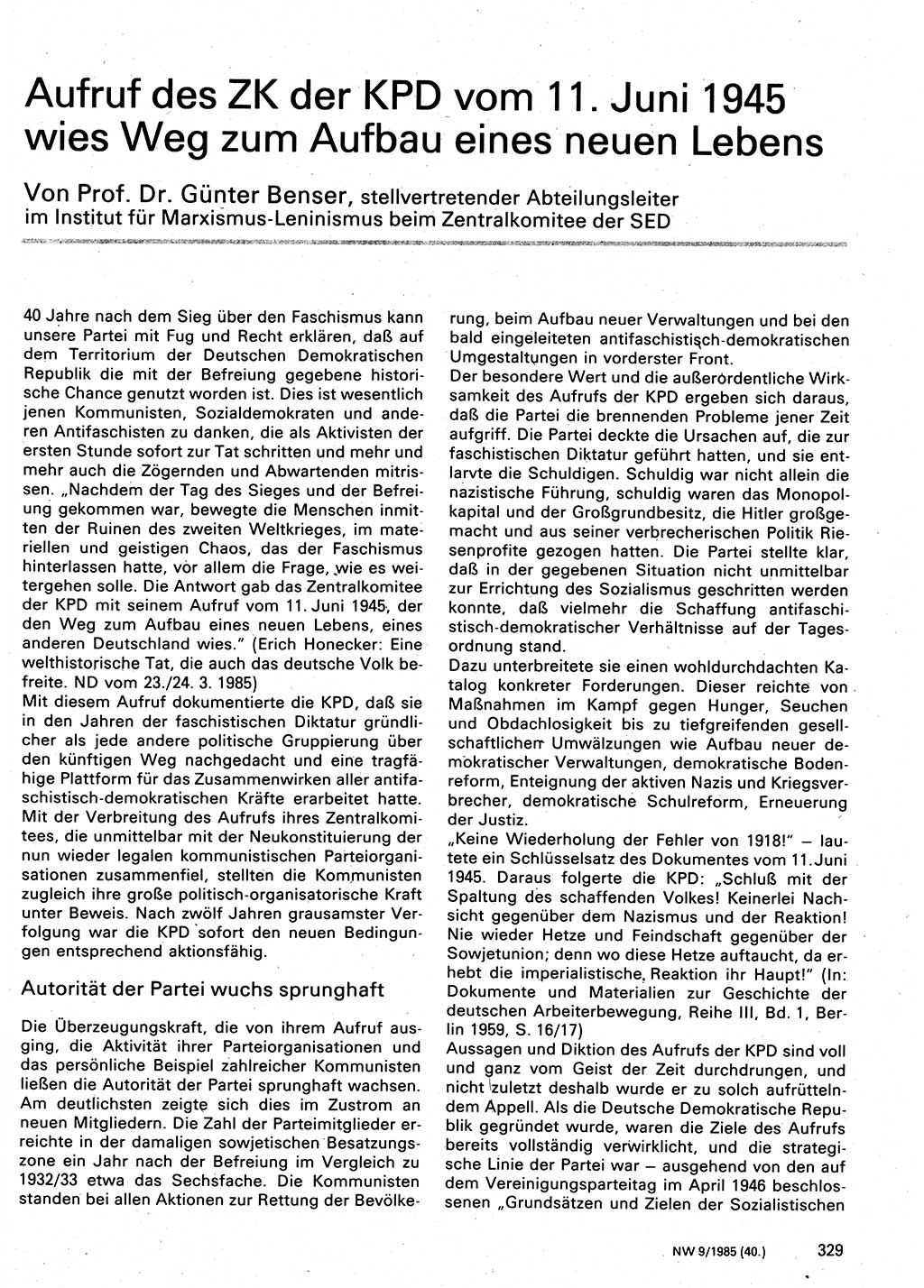 Neuer Weg (NW), Organ des Zentralkomitees (ZK) der SED (Sozialistische Einheitspartei Deutschlands) für Fragen des Parteilebens, 40. Jahrgang [Deutsche Demokratische Republik (DDR)] 1985, Seite 329 (NW ZK SED DDR 1985, S. 329)