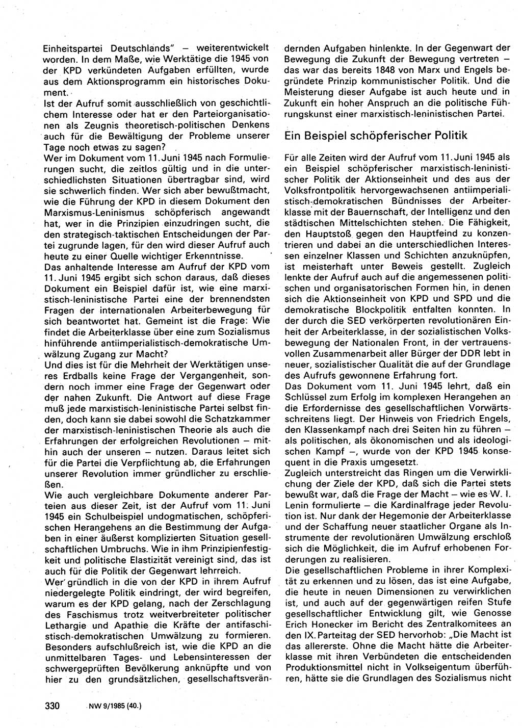 Neuer Weg (NW), Organ des Zentralkomitees (ZK) der SED (Sozialistische Einheitspartei Deutschlands) für Fragen des Parteilebens, 40. Jahrgang [Deutsche Demokratische Republik (DDR)] 1985, Seite 330 (NW ZK SED DDR 1985, S. 330)