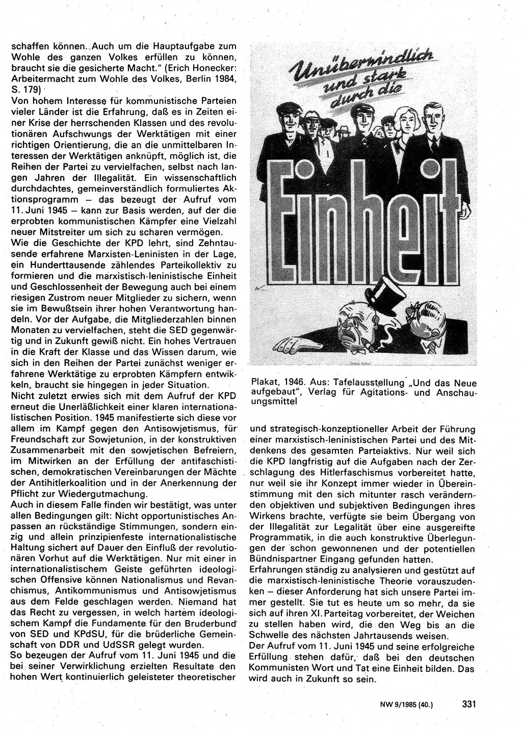 Neuer Weg (NW), Organ des Zentralkomitees (ZK) der SED (Sozialistische Einheitspartei Deutschlands) für Fragen des Parteilebens, 40. Jahrgang [Deutsche Demokratische Republik (DDR)] 1985, Seite 331 (NW ZK SED DDR 1985, S. 331)