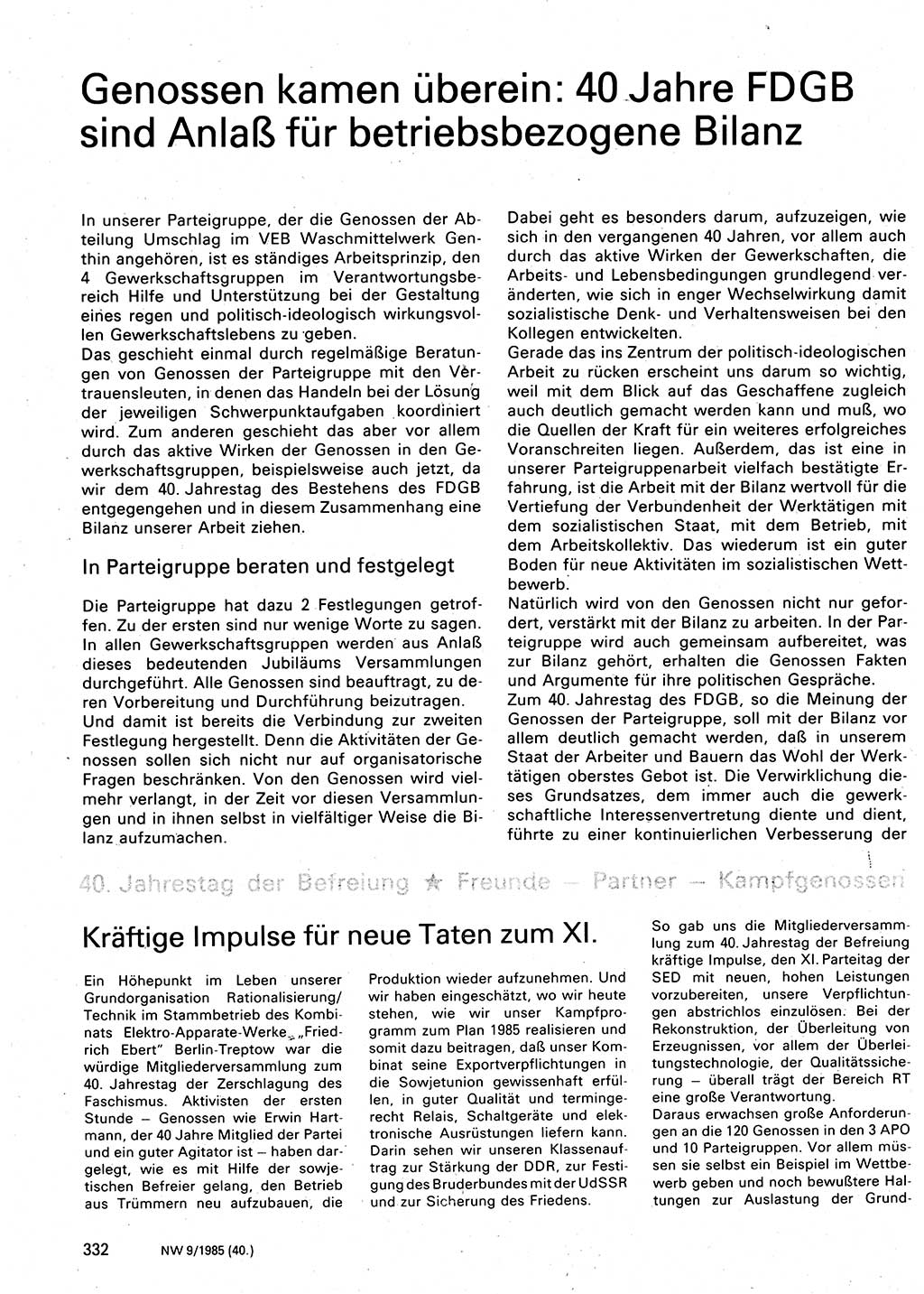 Neuer Weg (NW), Organ des Zentralkomitees (ZK) der SED (Sozialistische Einheitspartei Deutschlands) für Fragen des Parteilebens, 40. Jahrgang [Deutsche Demokratische Republik (DDR)] 1985, Seite 332 (NW ZK SED DDR 1985, S. 332)