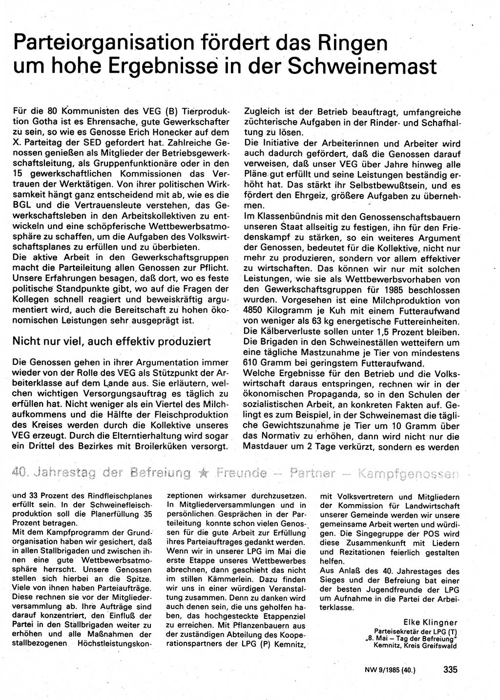 Neuer Weg (NW), Organ des Zentralkomitees (ZK) der SED (Sozialistische Einheitspartei Deutschlands) für Fragen des Parteilebens, 40. Jahrgang [Deutsche Demokratische Republik (DDR)] 1985, Seite 335 (NW ZK SED DDR 1985, S. 335)