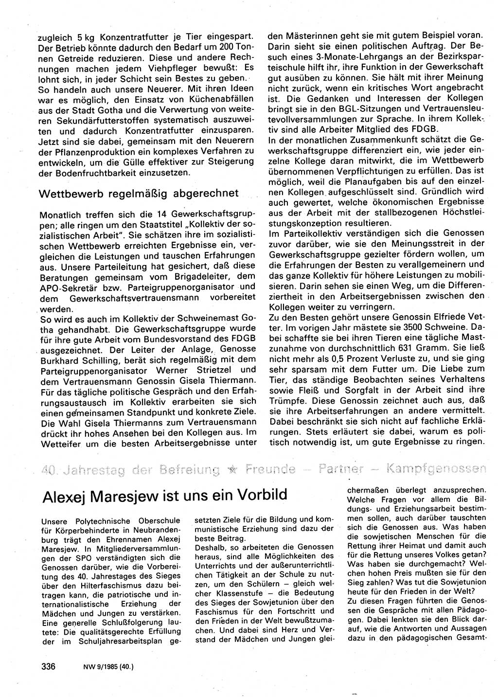 Neuer Weg (NW), Organ des Zentralkomitees (ZK) der SED (Sozialistische Einheitspartei Deutschlands) für Fragen des Parteilebens, 40. Jahrgang [Deutsche Demokratische Republik (DDR)] 1985, Seite 336 (NW ZK SED DDR 1985, S. 336)