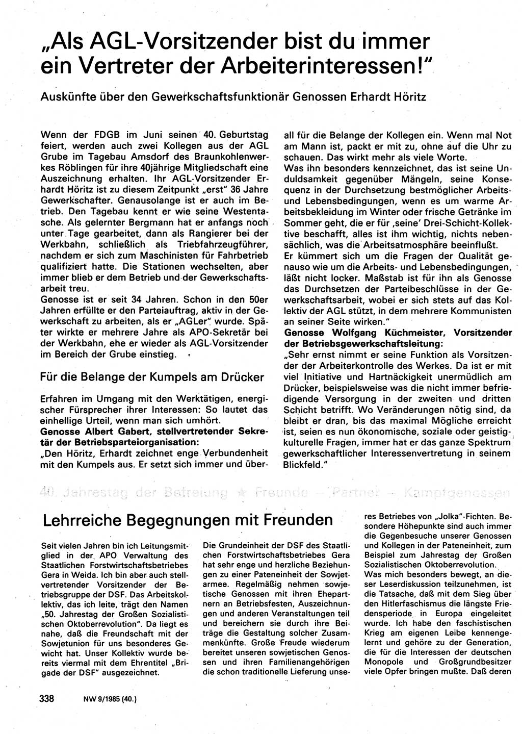 Neuer Weg (NW), Organ des Zentralkomitees (ZK) der SED (Sozialistische Einheitspartei Deutschlands) für Fragen des Parteilebens, 40. Jahrgang [Deutsche Demokratische Republik (DDR)] 1985, Seite 338 (NW ZK SED DDR 1985, S. 338)