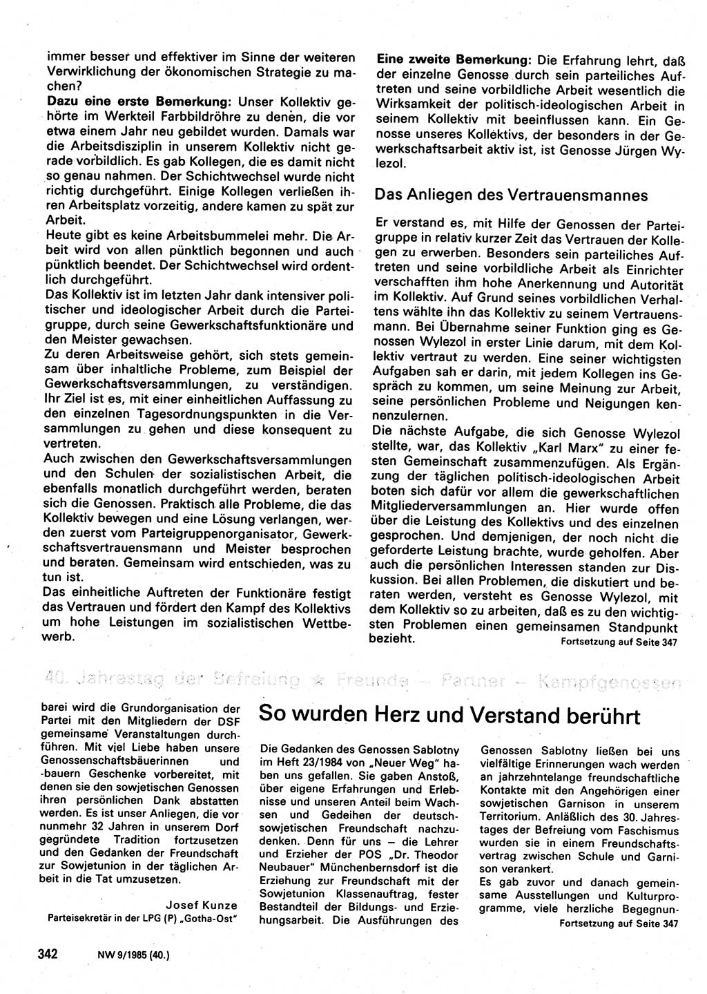 Neuer Weg (NW), Organ des Zentralkomitees (ZK) der SED (Sozialistische Einheitspartei Deutschlands) für Fragen des Parteilebens, 40. Jahrgang [Deutsche Demokratische Republik (DDR)] 1985, Seite 342 (NW ZK SED DDR 1985, S. 342)