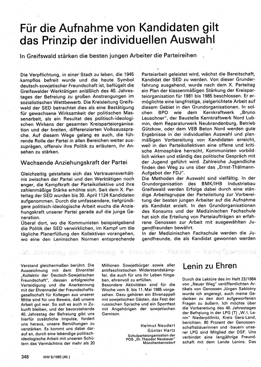 Neuer Weg (NW), Organ des Zentralkomitees (ZK) der SED (Sozialistische Einheitspartei Deutschlands) für Fragen des Parteilebens, 40. Jahrgang [Deutsche Demokratische Republik (DDR)] 1985, Seite 348 (NW ZK SED DDR 1985, S. 348)