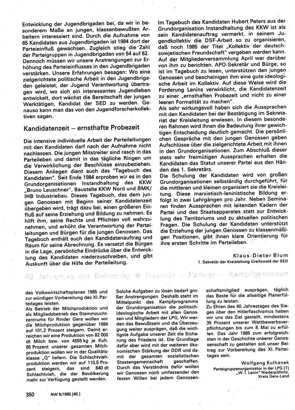 Neuer Weg (NW), Organ des Zentralkomitees (ZK) der SED (Sozialistische Einheitspartei Deutschlands) für Fragen des Parteilebens, 40. Jahrgang [Deutsche Demokratische Republik (DDR)] 1985, Seite 350 (NW ZK SED DDR 1985, S. 350)