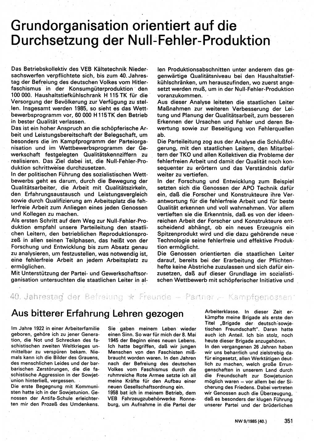 Neuer Weg (NW), Organ des Zentralkomitees (ZK) der SED (Sozialistische Einheitspartei Deutschlands) für Fragen des Parteilebens, 40. Jahrgang [Deutsche Demokratische Republik (DDR)] 1985, Seite 351 (NW ZK SED DDR 1985, S. 351)