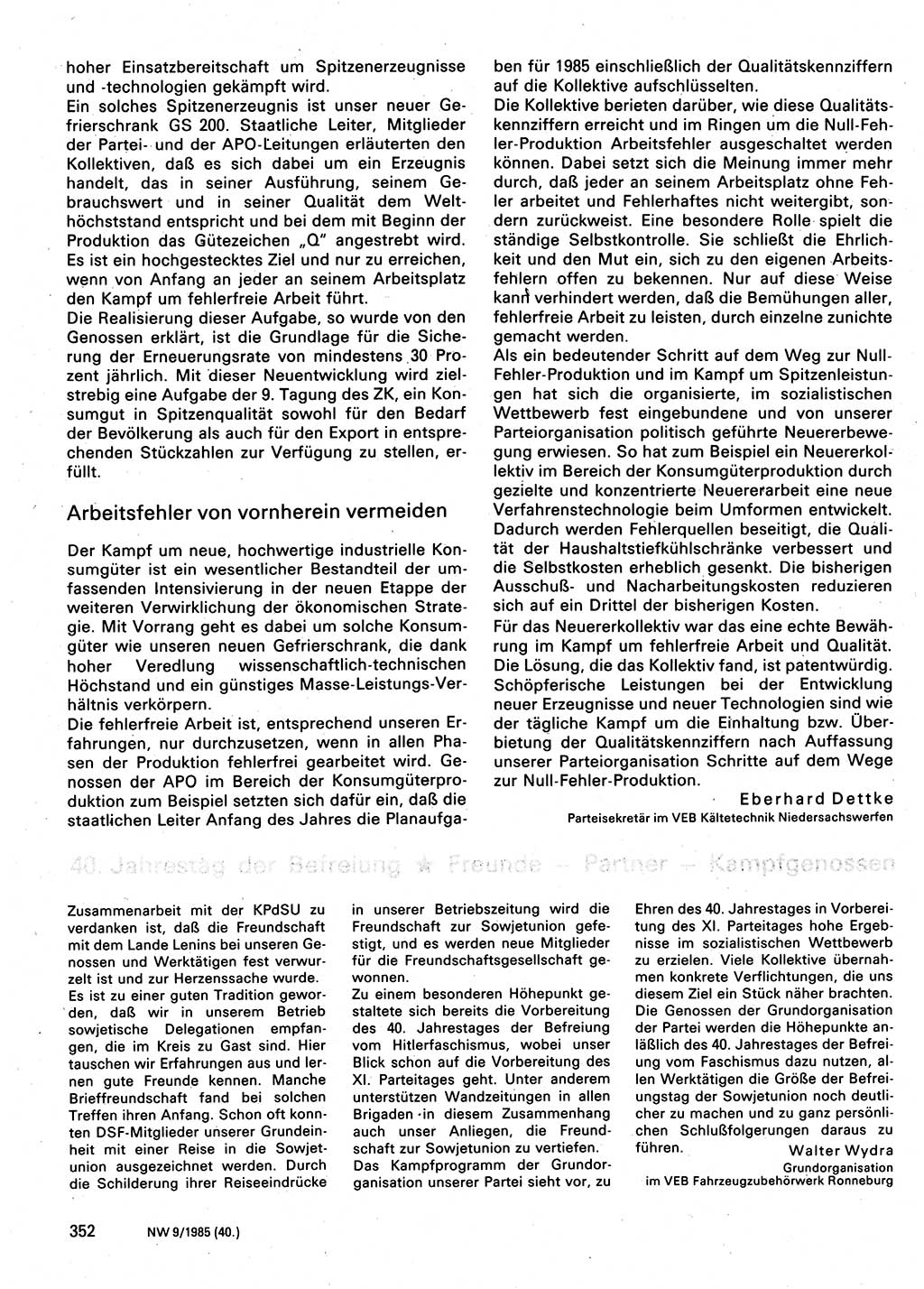 Neuer Weg (NW), Organ des Zentralkomitees (ZK) der SED (Sozialistische Einheitspartei Deutschlands) für Fragen des Parteilebens, 40. Jahrgang [Deutsche Demokratische Republik (DDR)] 1985, Seite 352 (NW ZK SED DDR 1985, S. 352)