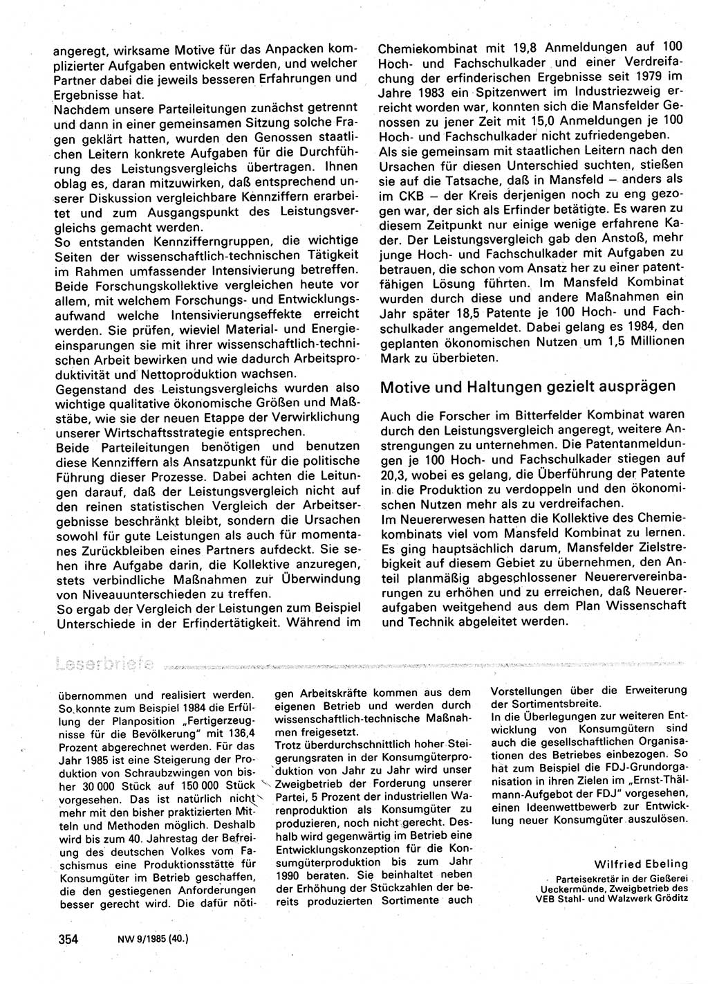 Neuer Weg (NW), Organ des Zentralkomitees (ZK) der SED (Sozialistische Einheitspartei Deutschlands) für Fragen des Parteilebens, 40. Jahrgang [Deutsche Demokratische Republik (DDR)] 1985, Seite 354 (NW ZK SED DDR 1985, S. 354)