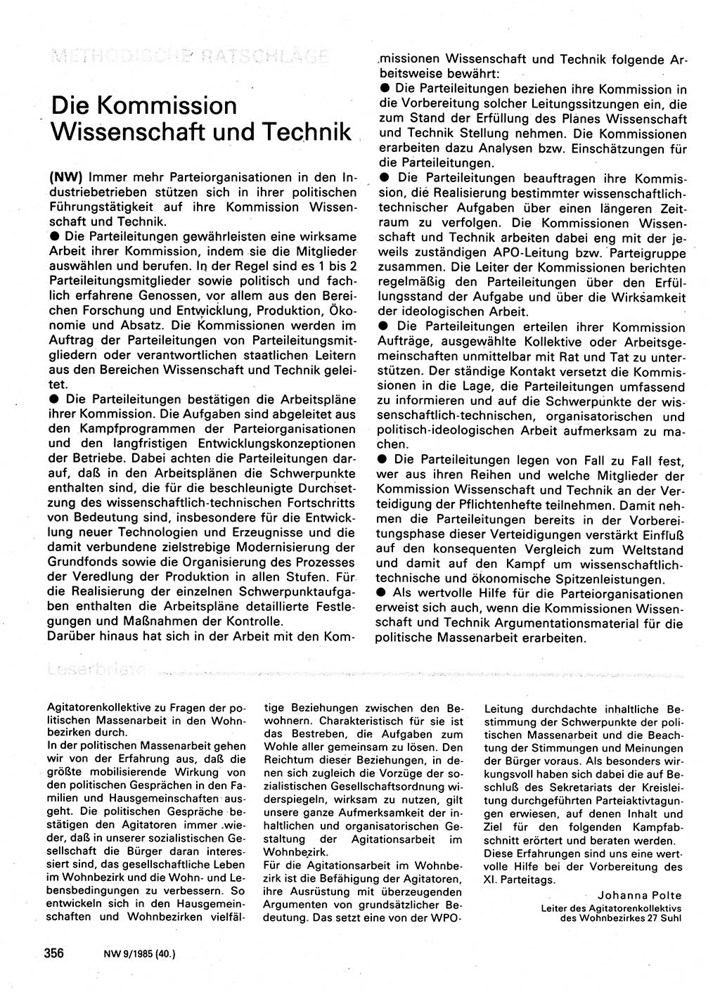 Neuer Weg (NW), Organ des Zentralkomitees (ZK) der SED (Sozialistische Einheitspartei Deutschlands) für Fragen des Parteilebens, 40. Jahrgang [Deutsche Demokratische Republik (DDR)] 1985, Seite 356 (NW ZK SED DDR 1985, S. 356)